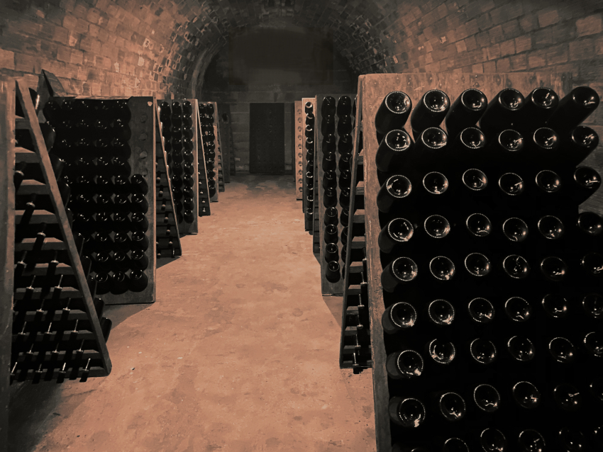 Photo d'une cave de champagne avec plusieurs portes bouteilles alignés