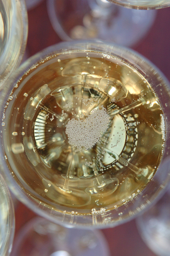 Photo en gros plan d'une coupe de champagne vue du dessus.